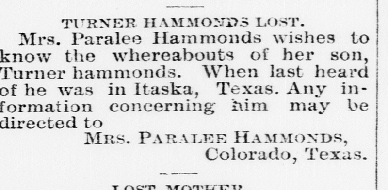 Mrs. Paralee Hammonds is  looking for Turner Hammonds