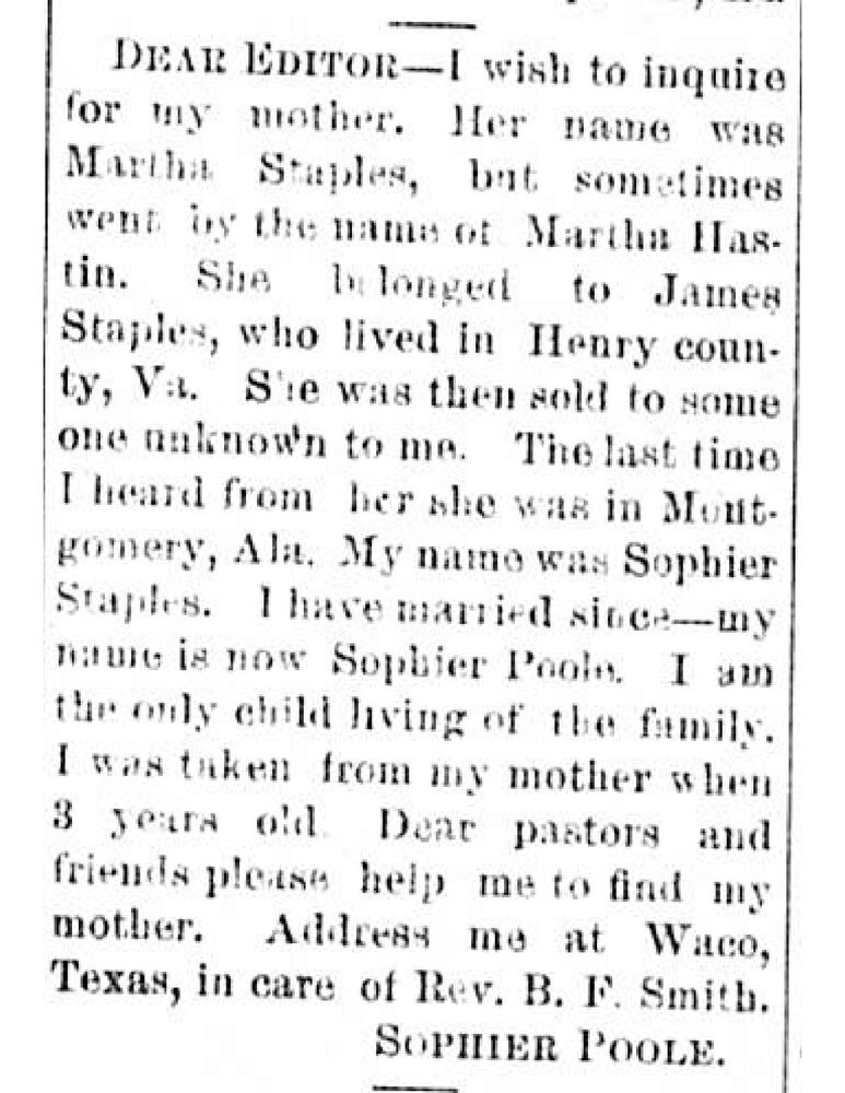 Sophier Poole (formerly Sophier Staples) searching for her mother Martha Staples