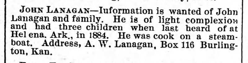 A. W. Lanagan searching for John Lanagan and family 