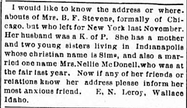 E. N. Leroy seeking Mrs. B. F. Stevens