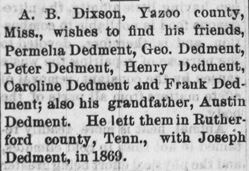 A.B. Dixon searching for his friends Permelia, Geo., Henry, Caroline, and Frank Dedment and his grandfather Austin Dedment