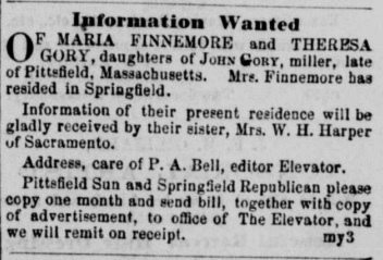 Mrs. W. H. Harper searching for her sisters Maria Finnemore and Theresa Gory