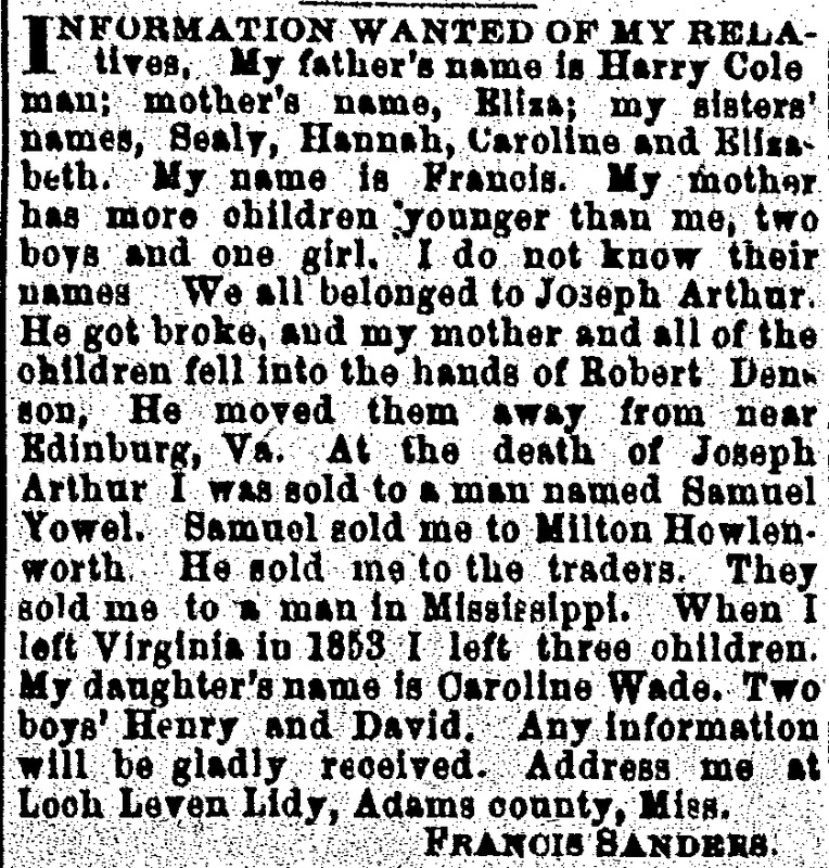 Francis Sanders searching for their parents Eliza and Harry Cole and several siblings