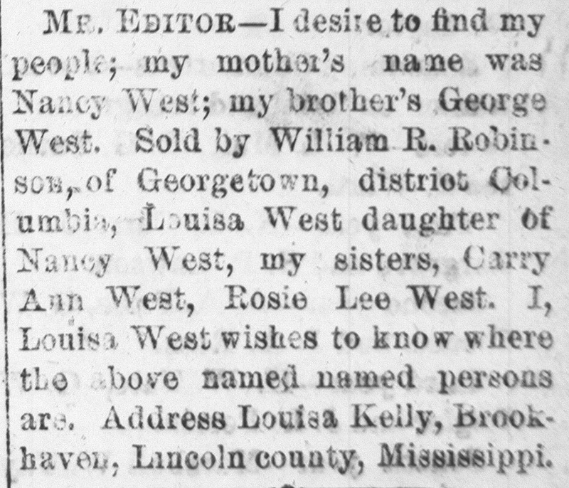 Louisa Kelly searching for her mother Nancy West, brother George West, and two sisters