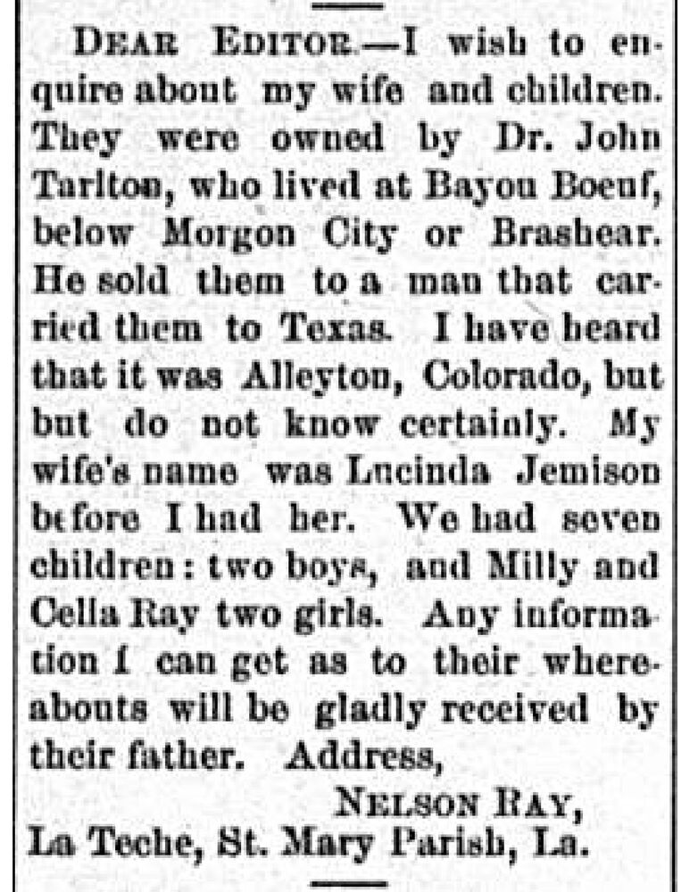 Nelson Ray searching for his wife Lucinda Jemison and children 