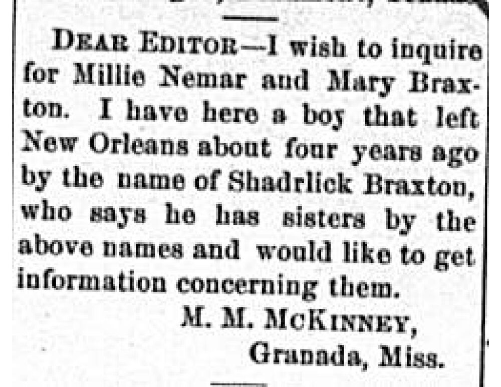 M. M. McKinney searching for Millie Nemar and Mary Braxton