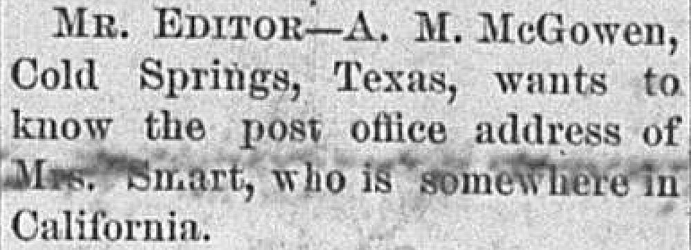 A. M. McGowen seeking Mrs. Smart