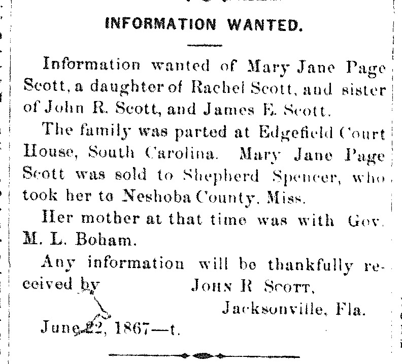 John R. Scott searching for his sister Mary Jane Page Scott