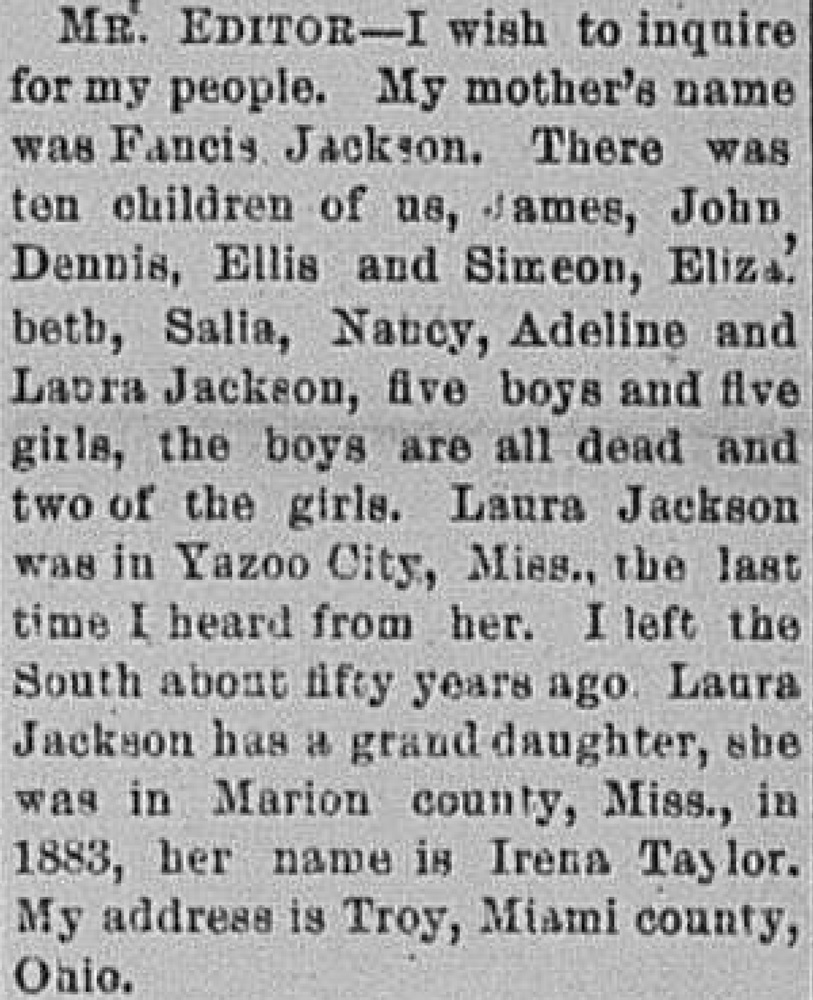 Unnamed person seeking their family including their mother Fancis Jackson