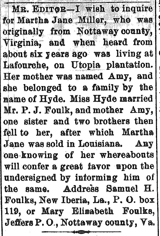 Samuel H. Foulks and Mary Elizabeth Foulks searching for Martha Jane Miller