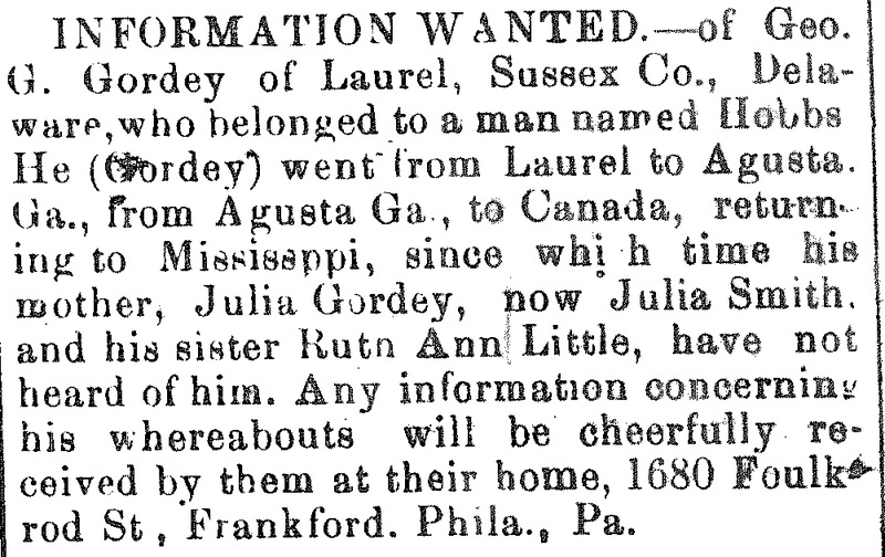 Julia Smith (formerly Julia Gordey) searching for her son George G. Gordey