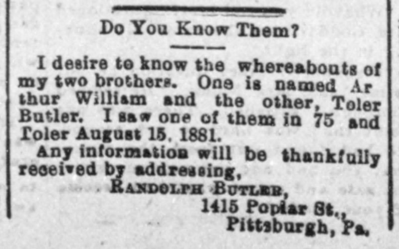 Randolph Butler searching for his brothers Arthur William and Toler Butler 