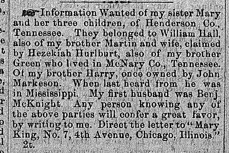 Mary King seeking information about her sister Mary and brothers Martin, Green, and Harry and their families