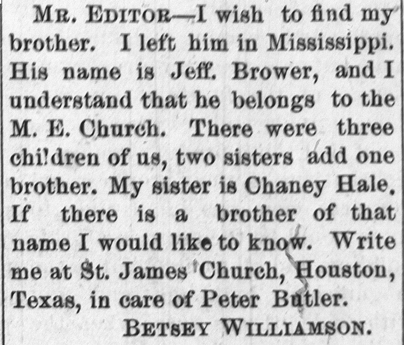 Betsey Williamson wishes to find her brother