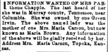 Maria Carson (formerly Maria Brown) searching for her mother Mrs. Parthene Chapple