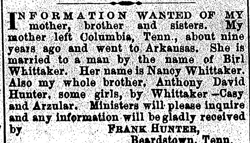 Frank Hunter searching for his mother Nancy Whittaker and several siblings