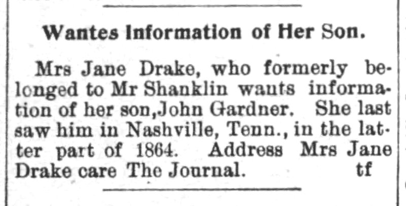 Mrs. Jane Drake searching for her son John Gardner (2nd of 2 ads)