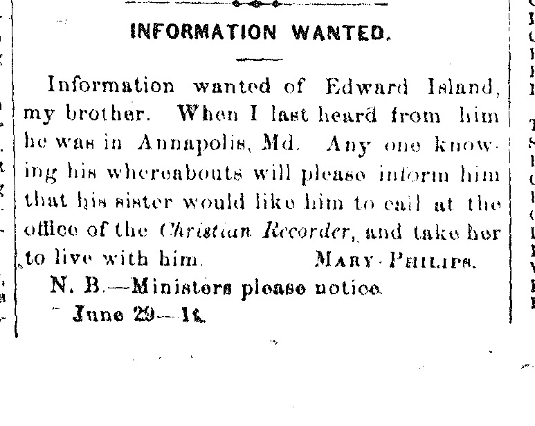 Mary Philips searching for her brother Edward Island