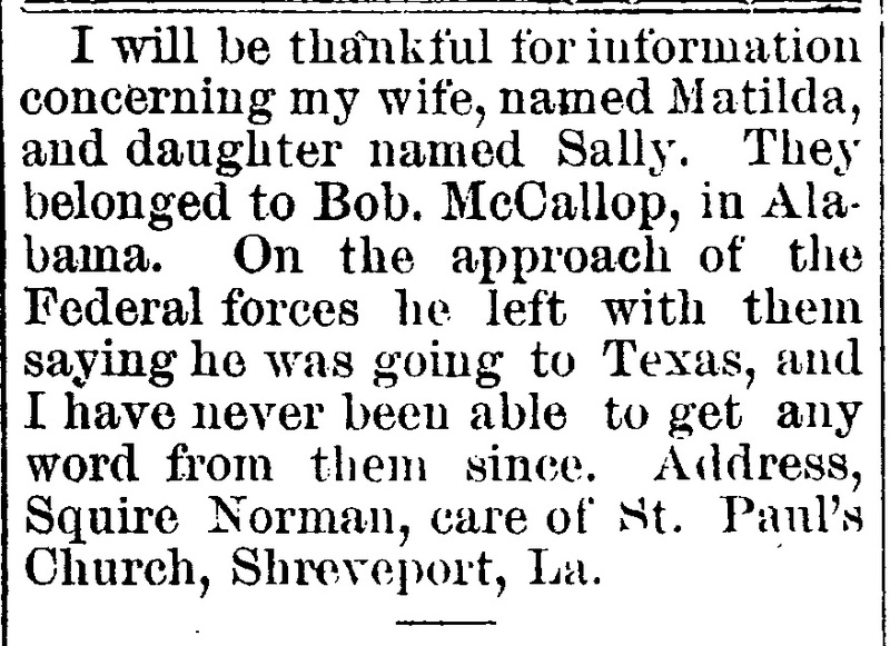 Squire Norman looking for information about his wife Matilda and daughter Sally