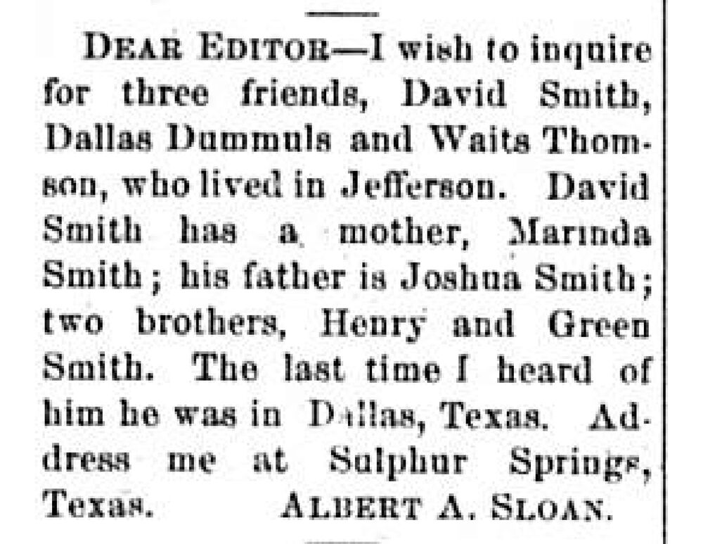 Albert A. Sloan searching for three friends David Smith, Dallas Dummuls, and Waits Thomson