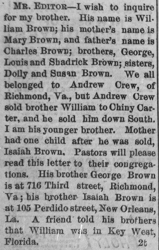 Unnamed searching for their brother William Brown