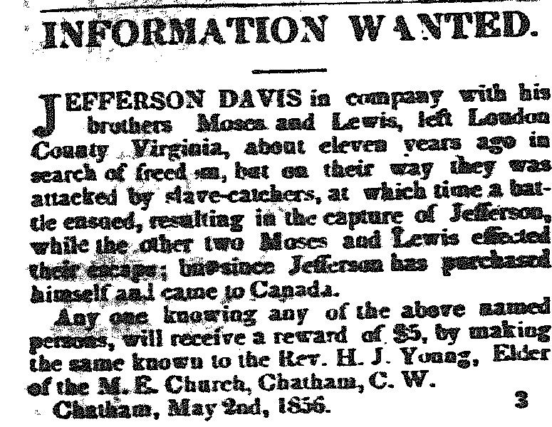 Rev. H. J. Young searching for Moses and Lewis Davis on behalf of Jefferson Davis [former enslaved man]