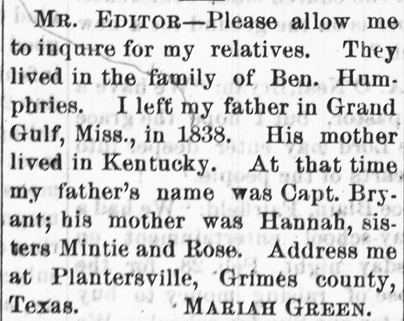 Mariah Green searching for her father Capt. Bryant, grandmother Hannah, and sisters Mintie and Rose