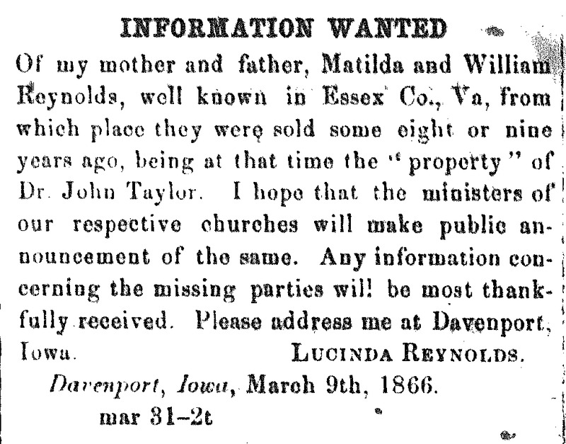 Lucinda Reynolds looking for her mother and father Matilda and William Reynolds