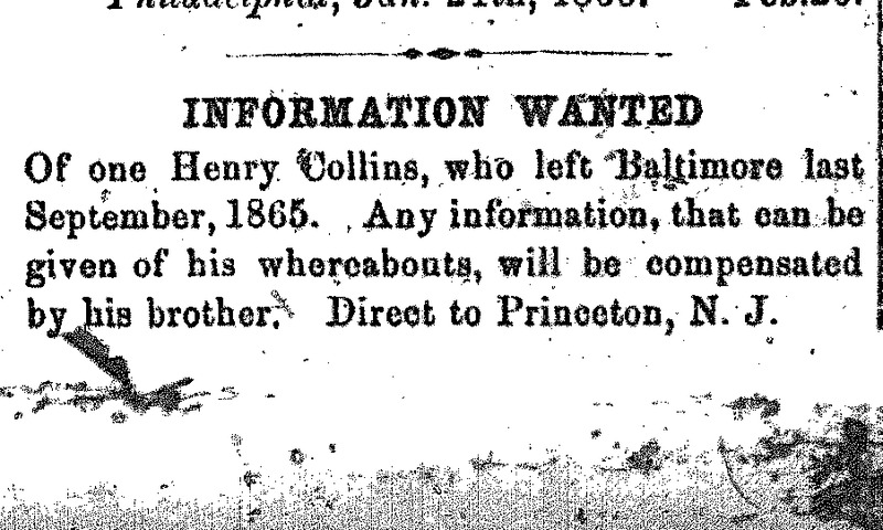 Unnamed man seeking information of his brother Henry Collins