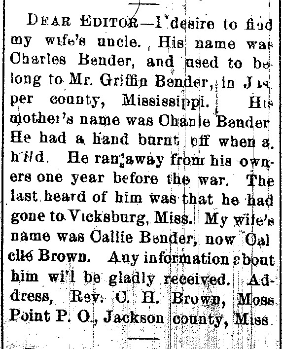 Rev C. H. Brown searching for his wife&#039;s uncle Charles Bender