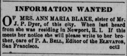 J. P. Dyer searching for his sister Ann Maria Blake