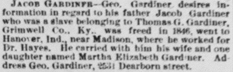 Geo. Gardiner searching for his father Jacob Gardiner