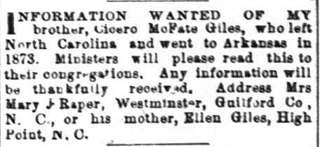 Mrs. Mary J. Raper searching for her brother Cicero McFate Giles