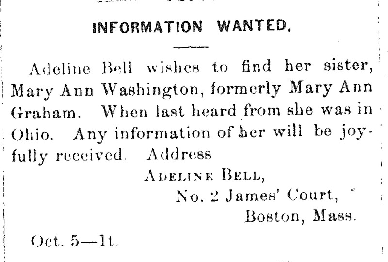 Adeline Bell searching for her sister Mary Ann Washington (formerly Mary Ann Graham) 