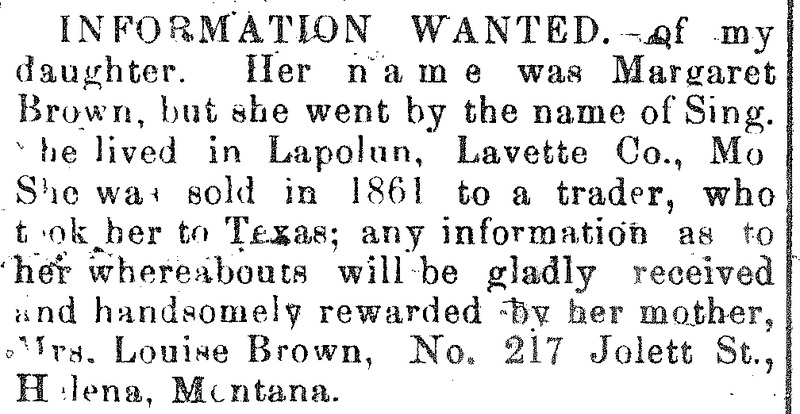 Mrs. Louise Brown seeking information about her daughter Margaret Brown