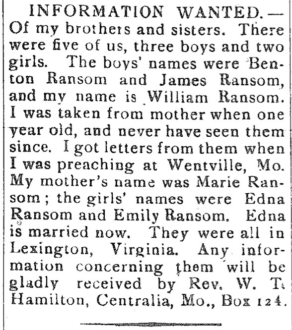 William Ransom searching for his brothers Benton and James Ransom 