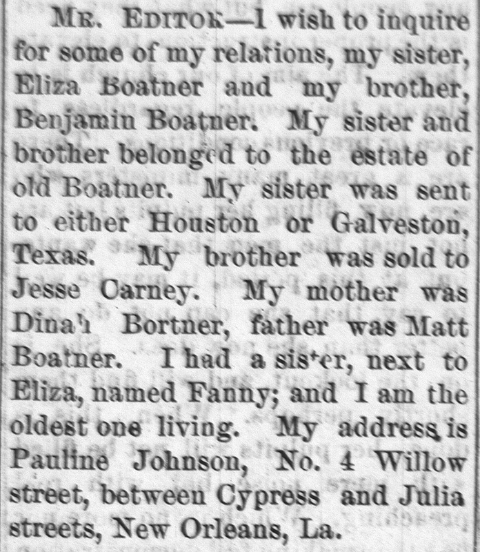 Pauline Johnson searching for her sister Eliza Boatner and her brother Benjamin Boatner