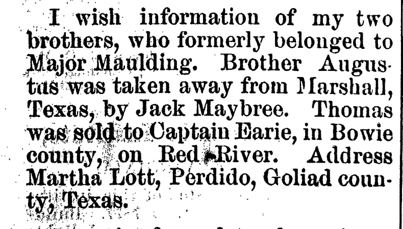 Martha Lott seeking information about her brothers Augustus and Thomas