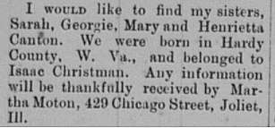 Martha Moton looking for Sarah, Georgie, Mary, and Henrietta Canton