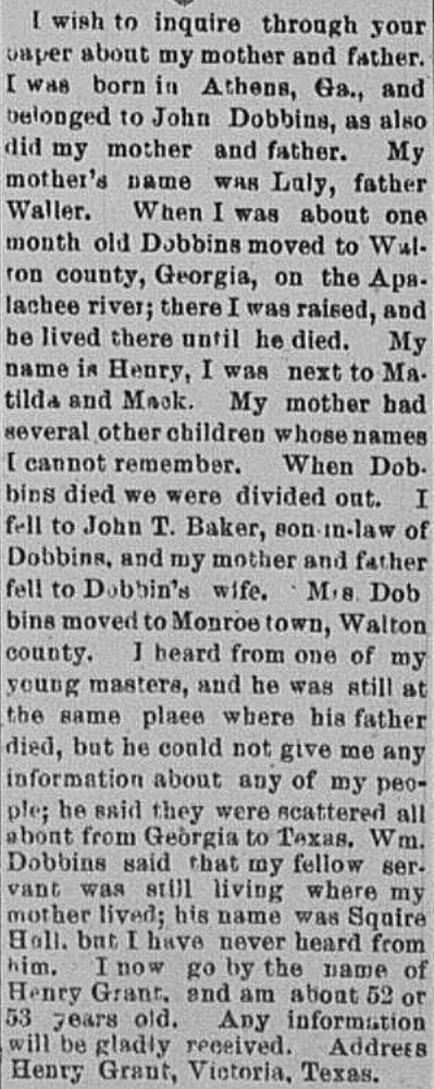 Henry Grant searching for his mother Luly and father Waller