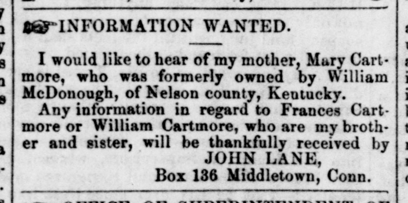 John Lane searching for his mother Mary Cartmore, brother William Cartmore, and sister Frances Cartmore