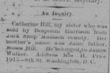 Mrs. H. Price seeking her sister Catherine Hill