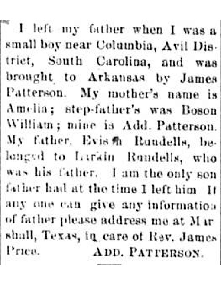 Add. Patterson searching for his father Evison Rundells