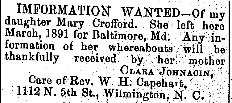 Clara Johnacin seeking information of her daughter Mary Crofford