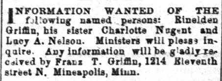 Franz T. Griffin searching for Rinelden Griffin, Charlotte Nugent, and Lucy A. Nelson