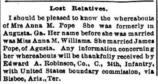 Edward A. Robinson looking for Mrs. Anna M. Pope