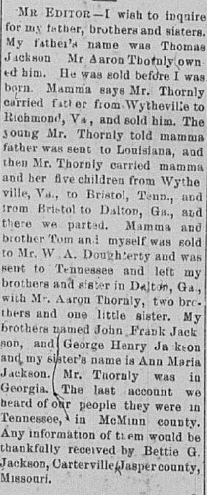 Bettie G. Jackson searching for her father Thomas Jackson and siblings Frank, George, and Ann Maria