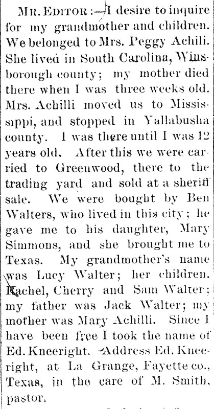 Ed Kneeright searching for his grandmother Lucy Walter and her children Rachel, Cherry, and Sam Walter