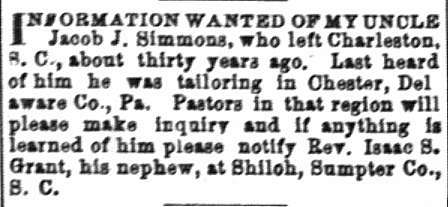 Rev. Isaac S. Grant seeking his uncle Jacob J. Simmons