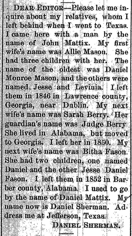 Daniel Sherman searching for his former wives Allie Mason, Sarah Berry, and Bitha Fason and their respective children